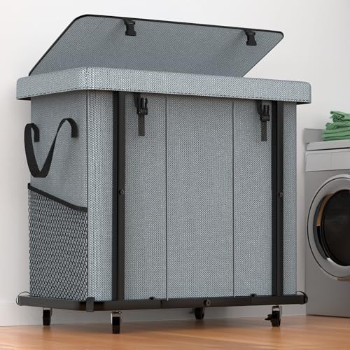 kunlabori 60 Gal 230L High Grade Large Laundry Basket with Wheels Rolling Laundry Hamper Laundry Cart with Metal Frame and Removable Bag Design Suitable for Laundry Room Bedroom Grey 3 Section 230L - Image 1