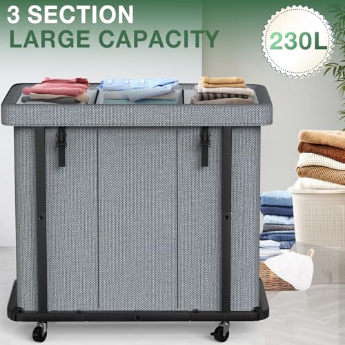 kunlabori 60 Gal 230L High Grade Large Laundry Basket with Wheels Rolling Laundry Hamper Laundry Cart with Metal Frame and Removable Bag Design Suitable for Laundry Room Bedroom Grey 3 Section 230L - Image 3