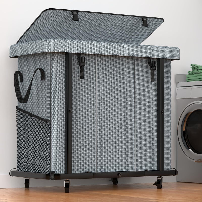 kunlabori 60 Gal 230L High Grade Large Laundry Basket with Wheels Rolling Laundry Hamper Laundry Cart with Metal Frame and Removable Bag Design Suitable for Laundry Room Bedroom Grey 3 Section 230L - Image 2