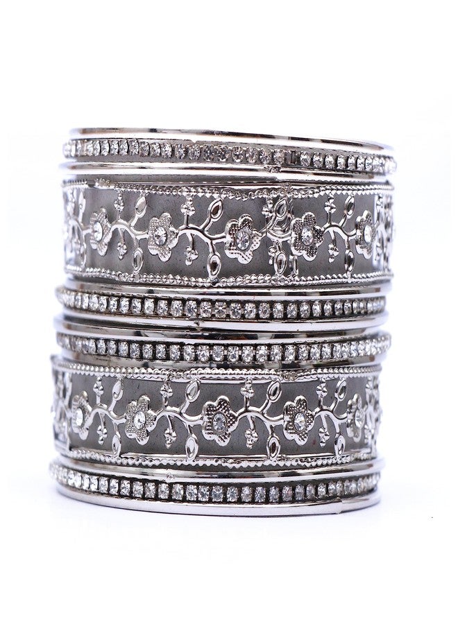 Honbon Traditional Beautiful Flower Design With Zircon Gemstone studded Glossy Finished Metal Chudi/Bangle Set for Women & Girls Set of 1 - Image 1