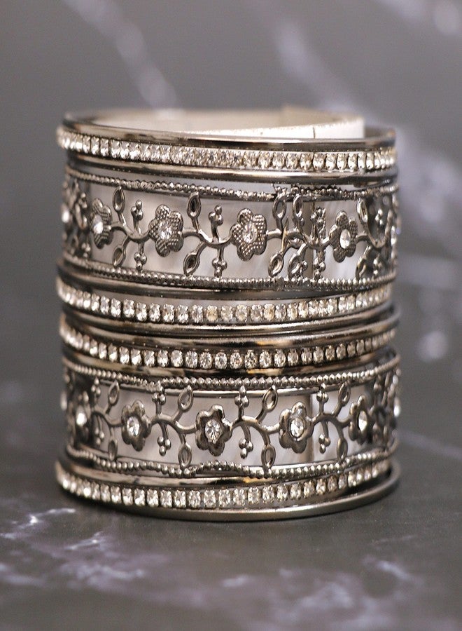 Honbon Traditional Beautiful Flower Design With Zircon Gemstone studded Glossy Finished Metal Chudi/Bangle Set for Women & Girls Set of 1 - Image 2