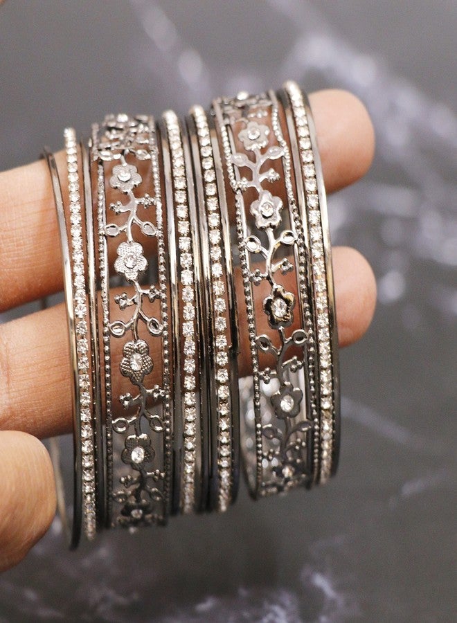 Honbon Traditional Beautiful Flower Design With Zircon Gemstone studded Glossy Finished Metal Chudi/Bangle Set for Women & Girls Set of 1 - Image 3