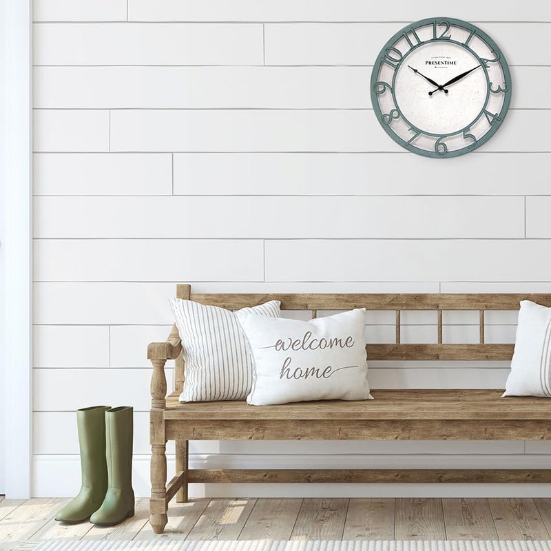 Presentime & Co 13" Farmhouse Series Wall Clock, Shiplap Style, Silent No Ticking, Coastal Clock, Raised 3D Arabic Numeral, Aged Teal Finish - Image 4