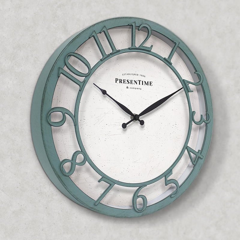Presentime & Co 13" Farmhouse Series Wall Clock, Shiplap Style, Silent No Ticking, Coastal Clock, Raised 3D Arabic Numeral, Aged Teal Finish - Image 3