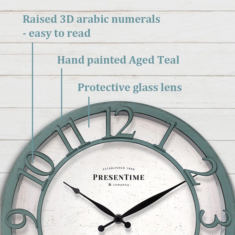 Presentime & Co 13" Farmhouse Series Wall Clock, Shiplap Style, Silent No Ticking, Coastal Clock, Raised 3D Arabic Numeral, Aged Teal Finish - Image 2