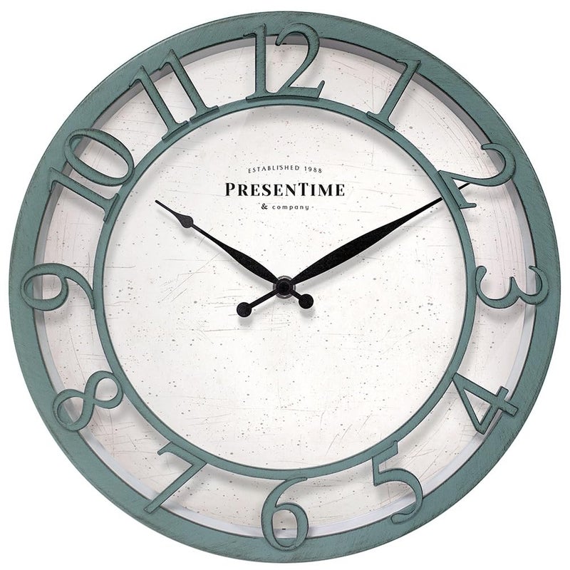 Presentime & Co 13" Farmhouse Series Wall Clock, Shiplap Style, Silent No Ticking, Coastal Clock, Raised 3D Arabic Numeral, Aged Teal Finish - Image 1