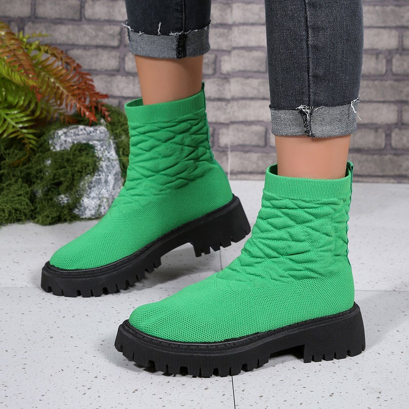 Plus Size Fashion Boots Women'S New Elastic Fly-Knit Thick-Soled Socks Boots Casual Low-Barrel Martin Boots - Image 2