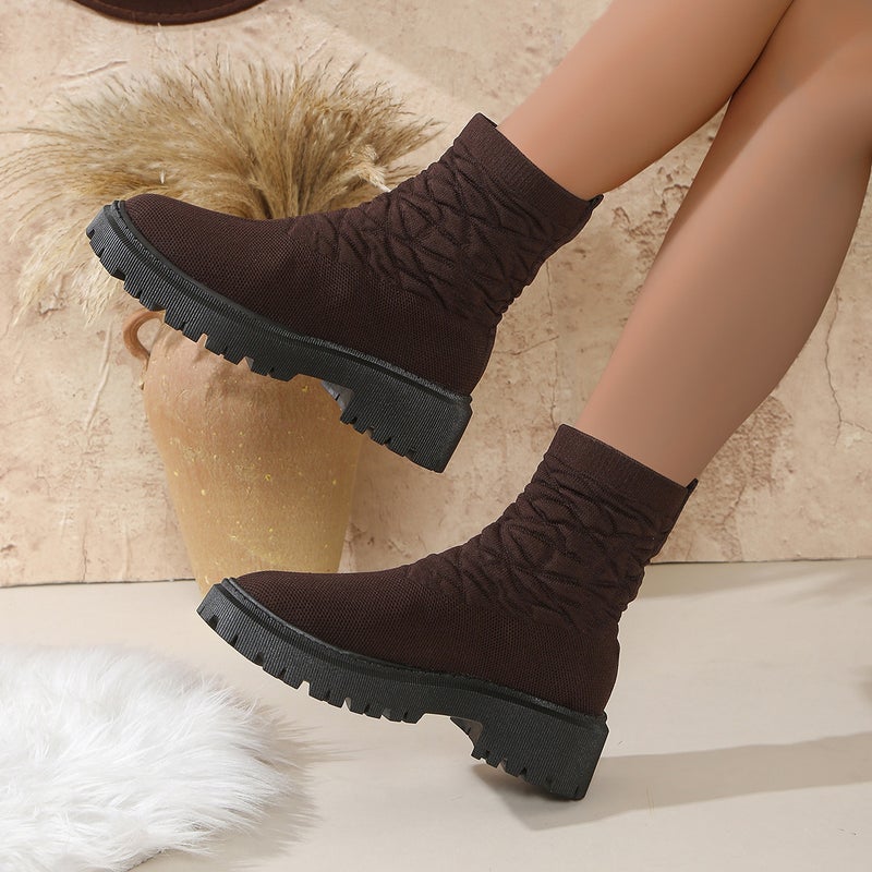 Plus Size Fashion Boots Women'S New Elastic Fly-Knit Thick-Soled Socks Boots Casual Low-Barrel Martin Boots - Image 5