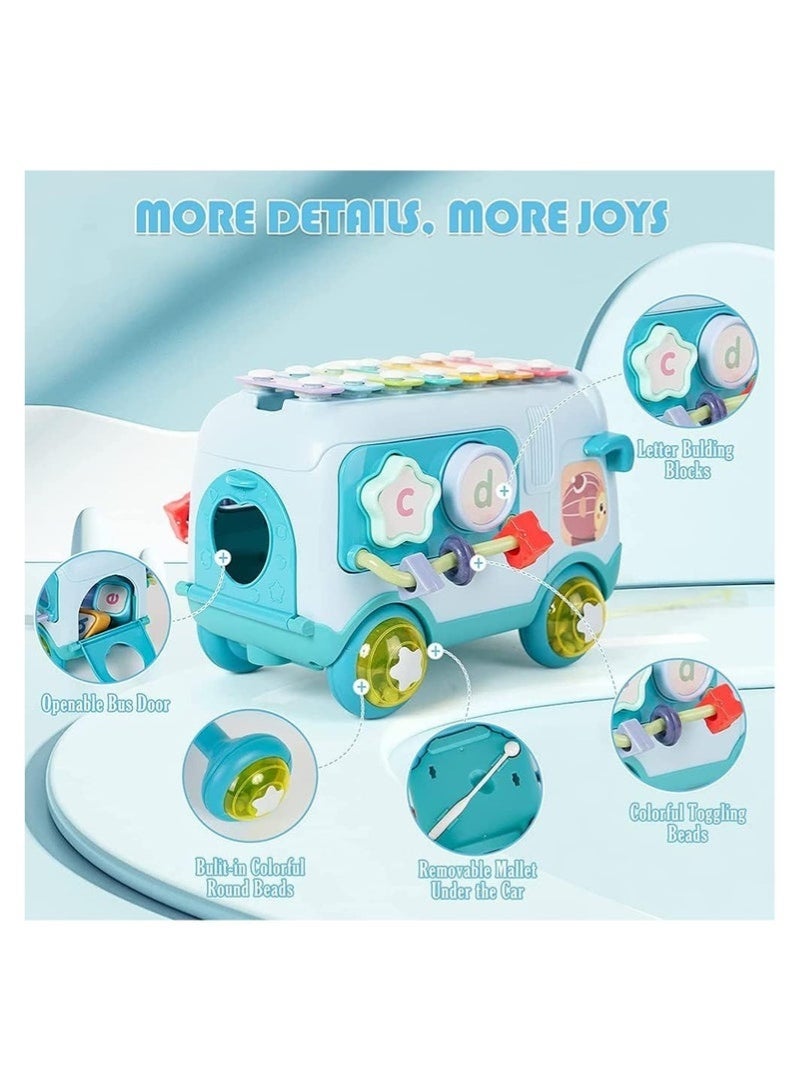 YelaJoy Intellectual School Bus Baby Toy, Xylophone Music Bus Toys Toddler, Push Pull Bus Toy Shape Sorter, Activity Bus Toy Early Education for Girls and Boys, Kids Birthday Favors (Blue) - Image 2