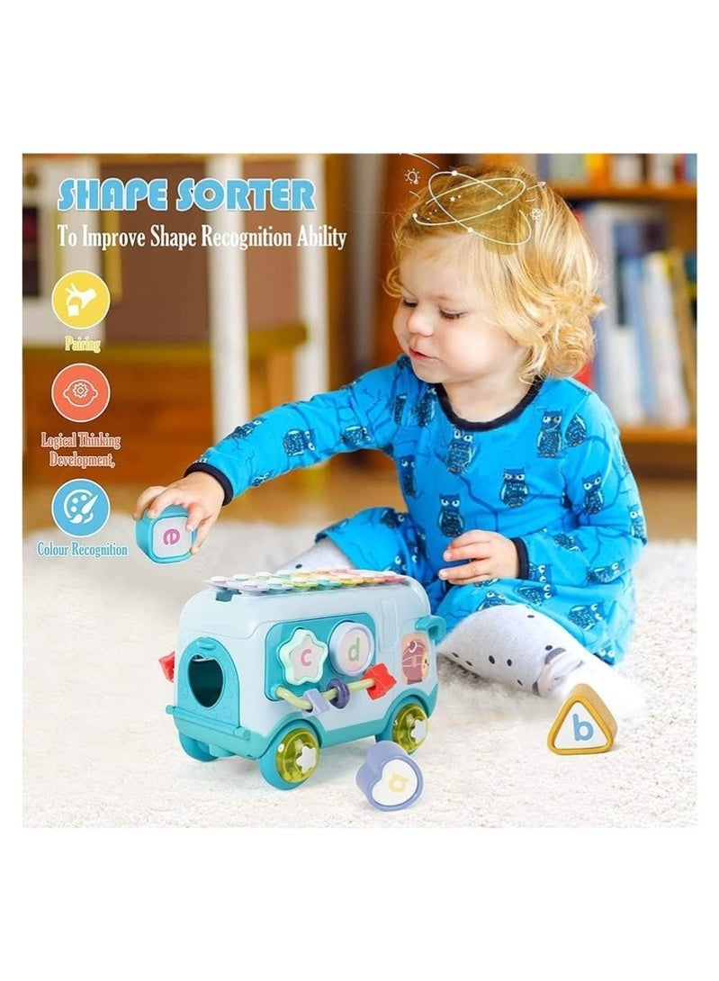 YelaJoy Intellectual School Bus Baby Toy, Xylophone Music Bus Toys Toddler, Push Pull Bus Toy Shape Sorter, Activity Bus Toy Early Education for Girls and Boys, Kids Birthday Favors (Blue) - Image 3