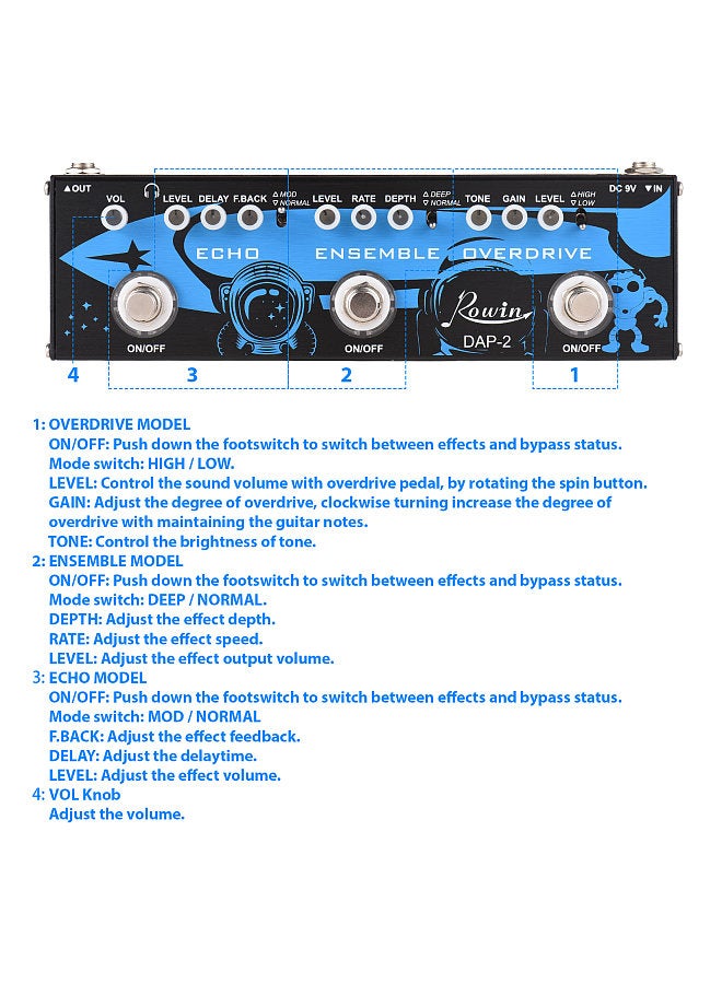 Generic ROWIN 3-in-1 Guitar Multi Effects Pedal Echo/Ensemble/Overdrive Aluminum Alloy Shell with True Bypass Function Portable Electric Guitar Effect Pedal DC 9V 6.35mm Input/Output Interface  - Image 4