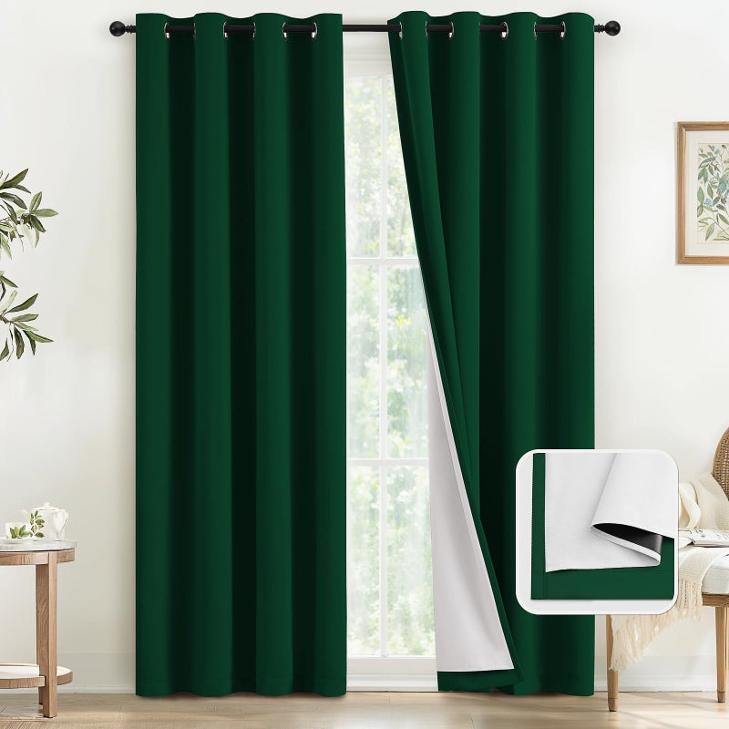 COSVIYA Dark Green 100% Blackout Curtains for Bedroom with White Back  2 Thick Layers Full Room Darkening Thermal Insulated Grommet Window Drapes  52x84 Inch  2 Panels - Image 1