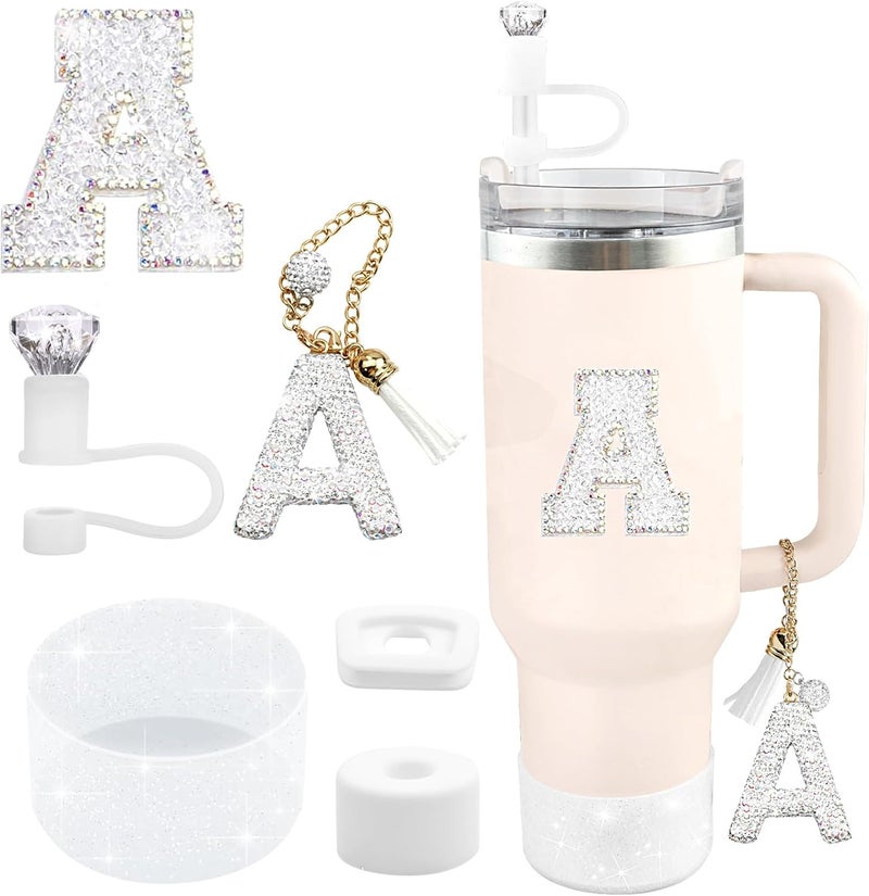 Hpebl 6PCS White for Stanley Cup Accessories Set 30/40 OZ Silver Bling Rhinestone Initials Charms for Stanley Decorations Tumbler Accessories Including Diamond Straw Topper, Spill Stopper（Letter A） - Image 1