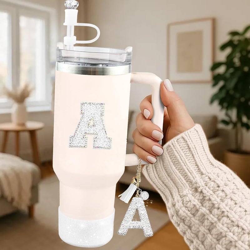 Hpebl 6PCS White for Stanley Cup Accessories Set 30/40 OZ Silver Bling Rhinestone Initials Charms for Stanley Decorations Tumbler Accessories Including Diamond Straw Topper, Spill Stopper（Letter A） - Image 2