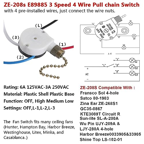 Bsentster Ceiling Fan Switch Zing Ear ZE-208s E89885 3 Speed 4 Wire Pull Chain Switch Fan Light Switch Replacement Part with 4 Pre-Installed Wires(Bronze Chain) - Image 2