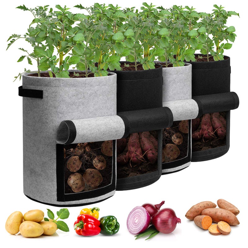 Homyhoo Homyhoo Potato Grow Bags with Flap 10 Gallon 4 Pack Planter Pot with Handles and Harvest Window for Potato Tomato and Vegetables Black and Gray 