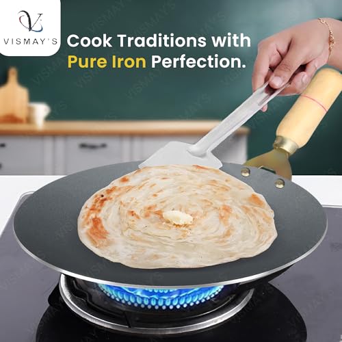 VISMAY'S Pure Iron Tawa with Unique Smooth Edges - First Time in India, Metal Spoon Friendly Induction Friendly, Strong Riveted Wooden Handle Perfect for Roti & Chapati Lohakhand/Loha Tava- 10 Inch - Image 5
