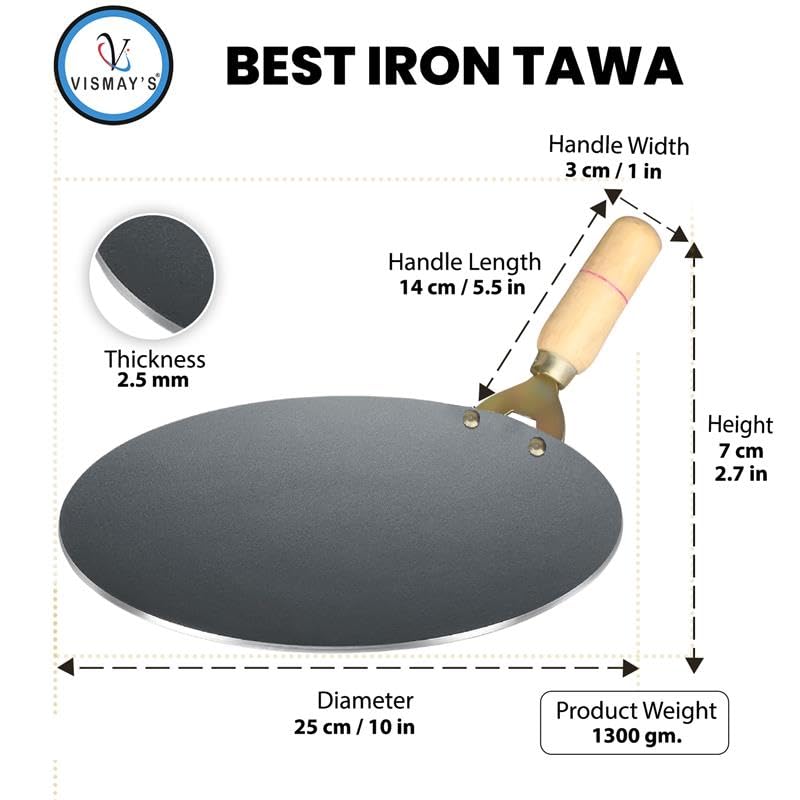 VISMAY'S Pure Iron Tawa with Unique Smooth Edges - First Time in India, Metal Spoon Friendly Induction Friendly, Strong Riveted Wooden Handle Perfect for Roti & Chapati Lohakhand/Loha Tava- 10 Inch - Image 4