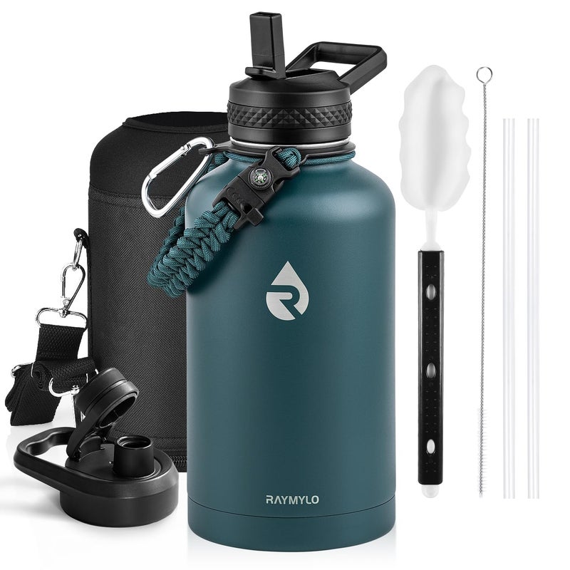RAYMYLO Insulated Water Bottle 64 oz, Triple Wall Vacuum Stainless Steel (Cold for 48 Hrs), Leak Proof & Non-BPA, Half Gallon Water Flask Jug with Paracord Handle & Straw Spout Lids, Dark Green - Image 1