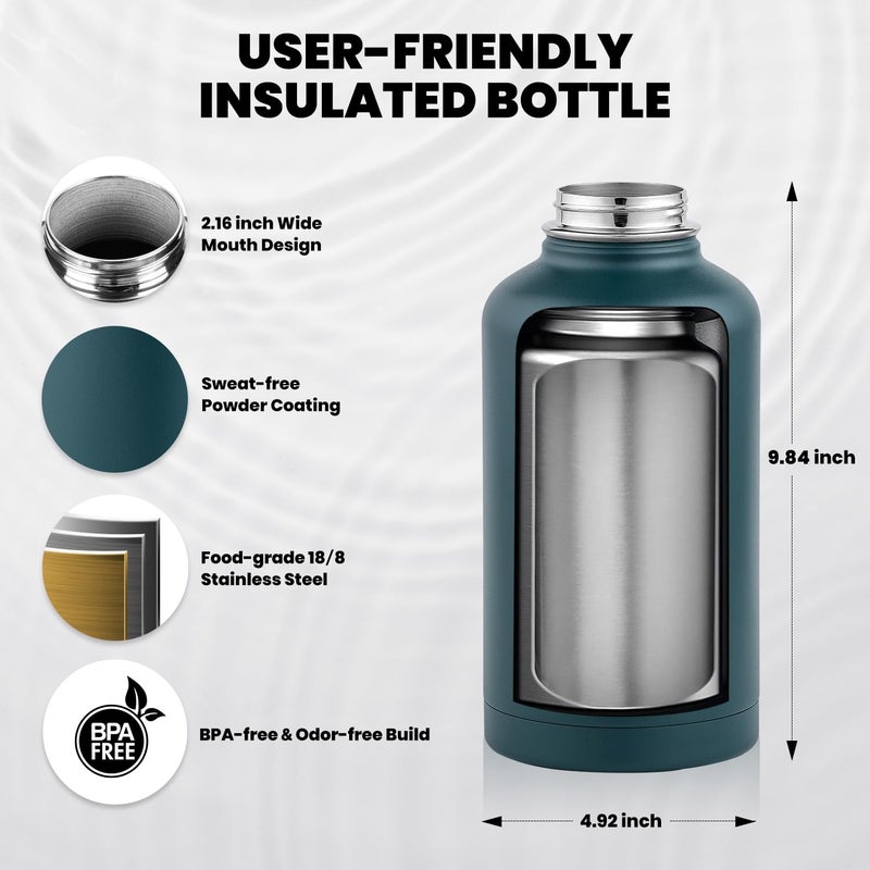 RAYMYLO Insulated Water Bottle 64 oz, Triple Wall Vacuum Stainless Steel (Cold for 48 Hrs), Leak Proof & Non-BPA, Half Gallon Water Flask Jug with Paracord Handle & Straw Spout Lids, Dark Green - Image 5