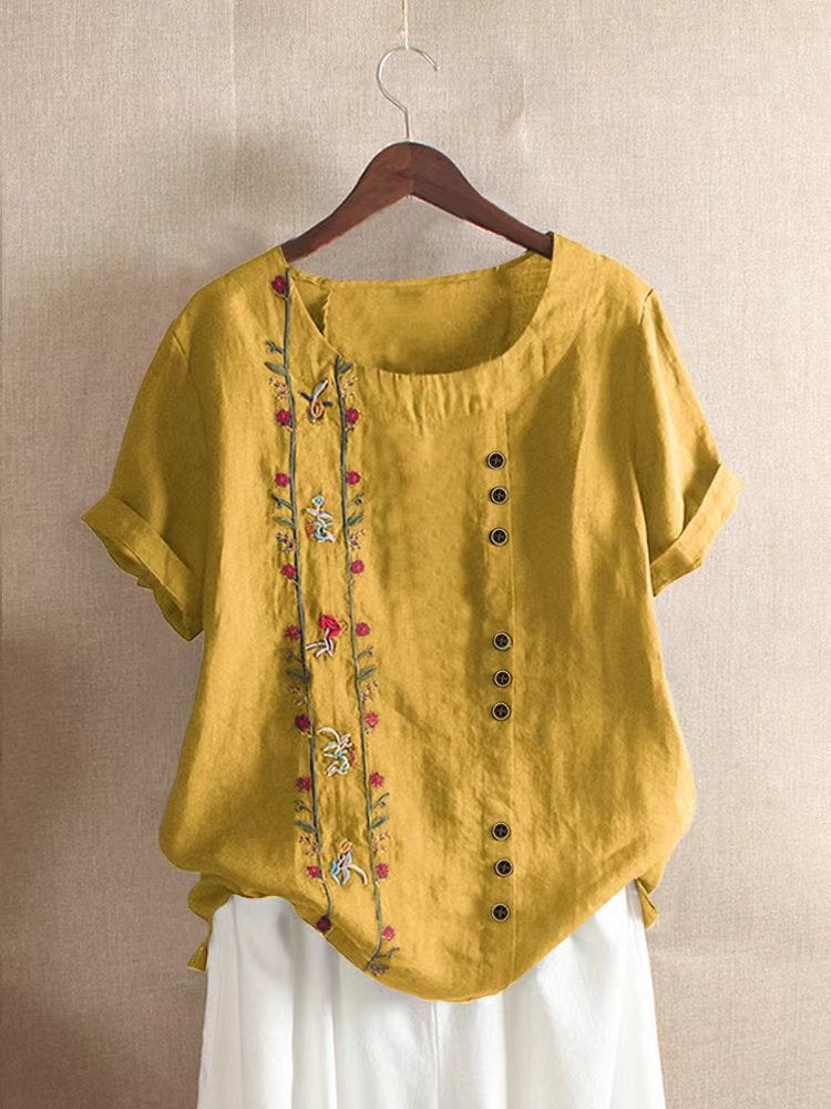 Spot Real S 2024 Wish Women'S Embroidered Flower Retro Cotton And Linen Short-Sleeved T-Shirt For Women - Image 1