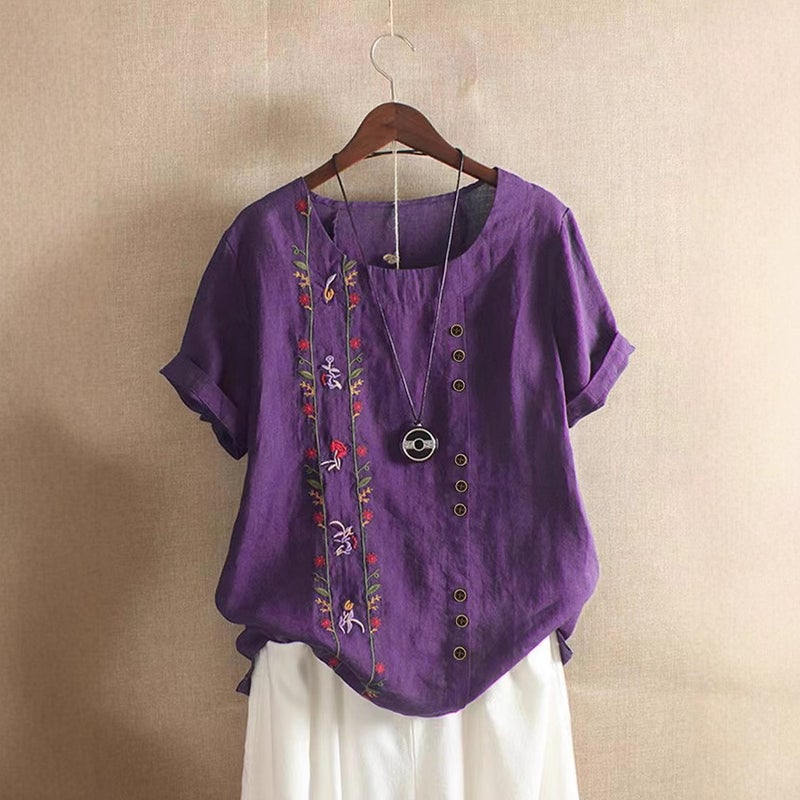 Spot Real S 2024 Wish Women'S Embroidered Flower Retro Cotton And Linen Short-Sleeved T-Shirt For Women - Image 2
