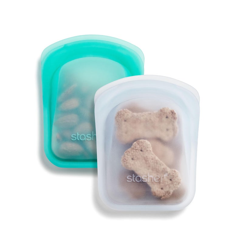 Stasher Silicone Reusable Storage Bag, Pocket Bags 2-Pack, Microwave, Dishwasher, Oven Safe, Sous Vide, Eco Friendly, Leak-free, Food-safe Silicone Snack Bags for Travel, 4 oz, Clear & Aqua - Image 1