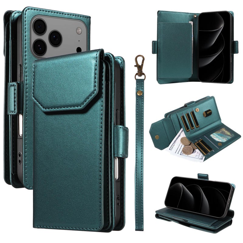erorex For iPhone 17 Pro Max Multi Card Wallet Leather Phone Case with Strap(Green) - Image 1
