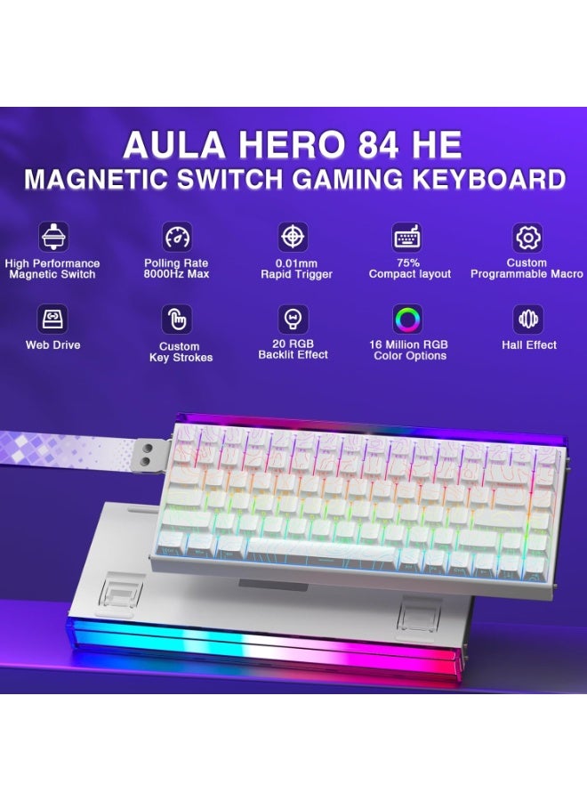 AULA Aula Hero 84 HE - 75% Mechanical Gaming Keyboard, Hall Effect Magnetic Switches Keyboard, 8000Hz Polling Rate, RGB Neon Light Box, Hot-Swappable Side-Printed PBT Keycaps, Gamer Keyboards for PC/Mac (White-Black Emperor Axis)  - Image 2