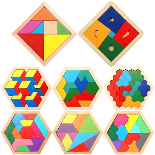 Jerify 8 Pack Wooden Tangrams Puzzles Wooden Hexagon Puzzles Blocks Geometric Tangram Jigsaw for Adults 3D Logic Intelligence IQ Game Gift - Image 1