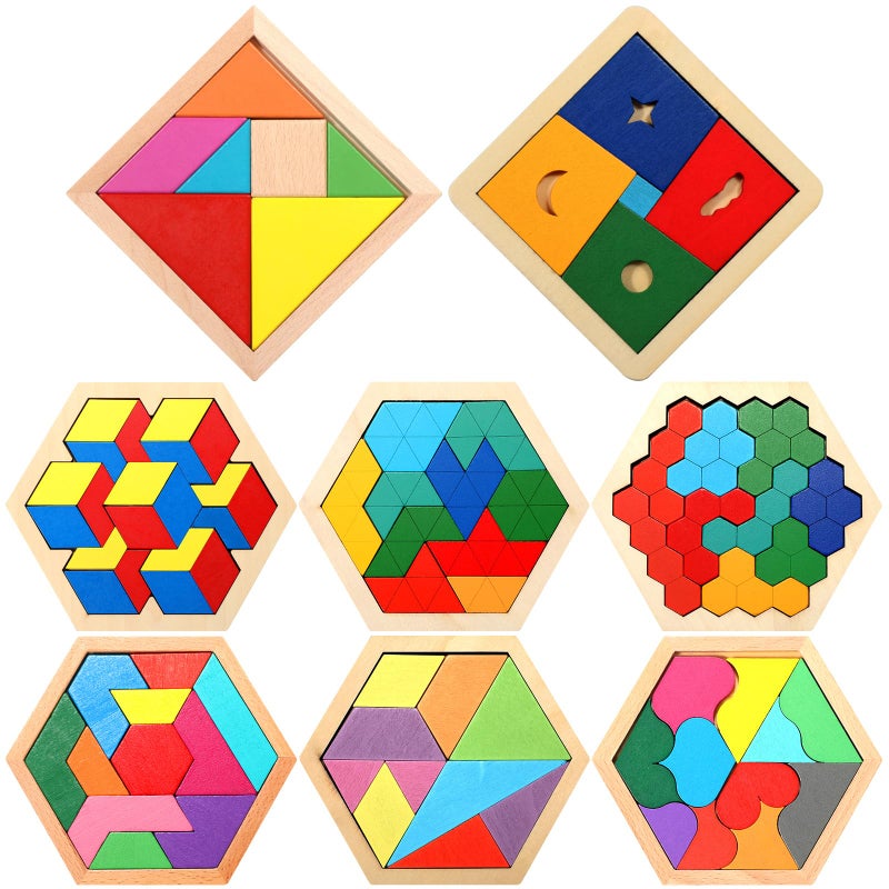 Jerify 8 Pack Wooden Tangrams Puzzles Wooden Hexagon Puzzles Blocks Geometric Tangram Jigsaw for Adults 3D Logic Intelligence IQ Game Gift - Image 3