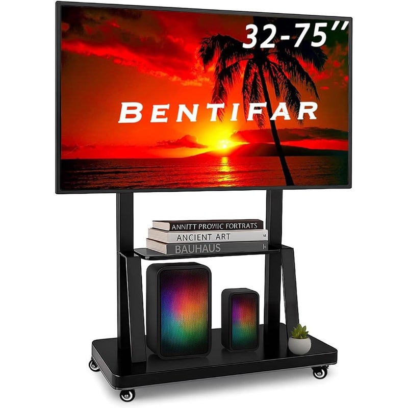 Mobile TV Cart for 32-75 inch LCD LED 4K Flat Curved TVs, 50 55 60 65 70 inch, Heavy Duty Rolling TV Stand with Wheels, Max VESA 600x400 mm up to 110 lbs, Movable Floor Mount Stand with Shelf - Image 1