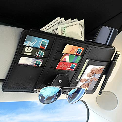 BAGILO Car Accessories Car Sun Visor Organizer, Sunglass Pen Card Small Document Storage Pouch Holder, PU Leather, Multi-Pocket with Zipper Net, Automobiles, Black - Image 1