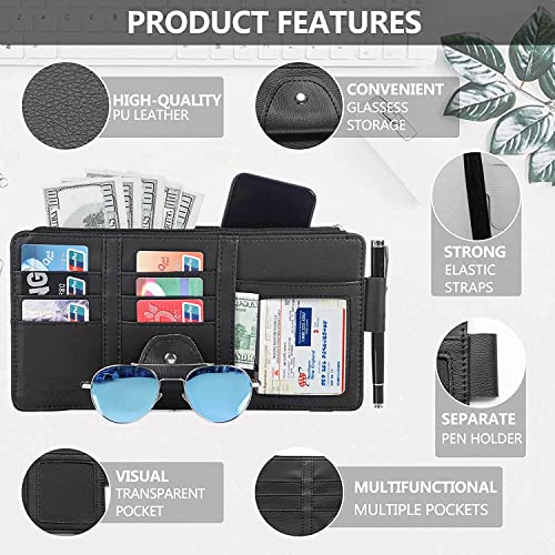 BAGILO Car Accessories Car Sun Visor Organizer, Sunglass Pen Card Small Document Storage Pouch Holder, PU Leather, Multi-Pocket with Zipper Net, Automobiles, Black - Image 2