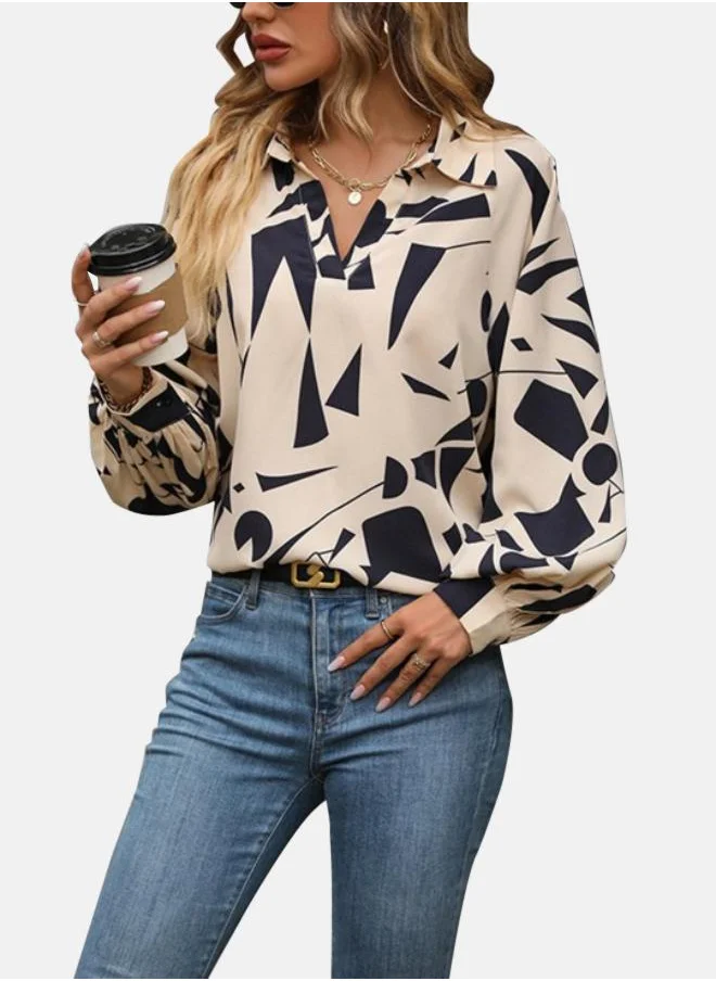 يونيكي Beige Geometric Print Shirt Collar Top