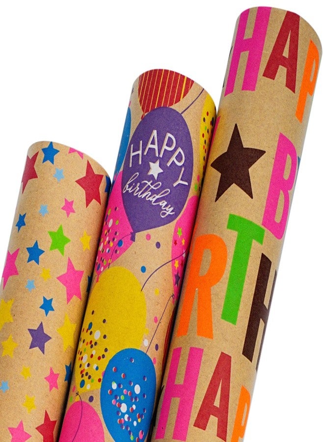 BIOBROWN Kraft Birthday Wrapping Paper, Colorful Gift Wrap with Text Happy Birthday Balloon Stripes Design for Kids, 17 inch X 120 inch Per Roll - Image 1