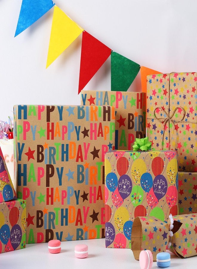 BIOBROWN Kraft Birthday Wrapping Paper, Colorful Gift Wrap with Text Happy Birthday Balloon Stripes Design for Kids, 17 inch X 120 inch Per Roll - Image 2