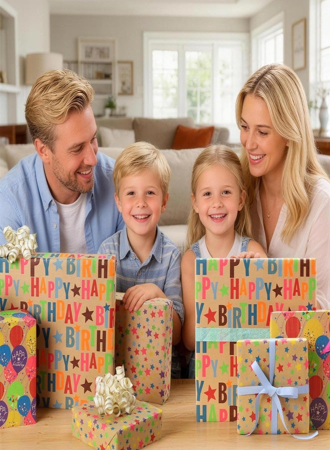 BIOBROWN Kraft Birthday Wrapping Paper, Colorful Gift Wrap with Text Happy Birthday Balloon Stripes Design for Kids, 17 inch X 120 inch Per Roll - Image 5