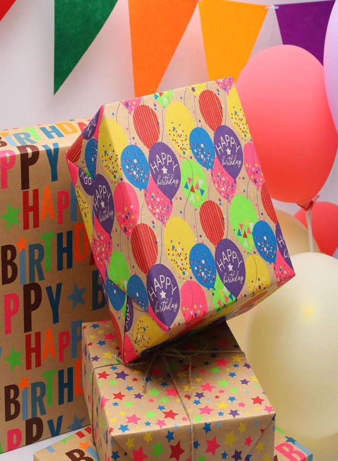 BIOBROWN Kraft Birthday Wrapping Paper, Colorful Gift Wrap with Text Happy Birthday Balloon Stripes Design for Kids, 17 inch X 120 inch Per Roll - Image 3