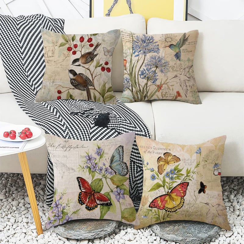 wyooxoo Farmhouse Pillow Covers 20x20 Set of 4 Spring Summer Throw Pillow Covers Linen Flower Butterfly Bird Decorative Pillowcases for Sofa Couch Living Room Outdoor - Image 2