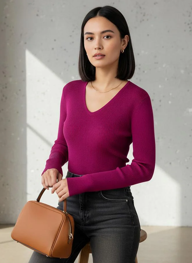 2Xtremz 2Xtremz Regular Fit Ribbed V-neck Tricot Sweater