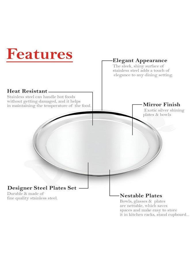 Parage 6 Pieces Stainless Steel 9 inch Heavy Gauge Raj Bhog Plate Set/Dinner Set/Thali Set/Kitchenware for Home & Restaurants/Family Use, Silver - Image 5