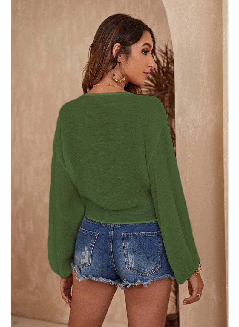 Angelsin Front Tie Casual Shirt Pareo Crop Blouse - Image 5