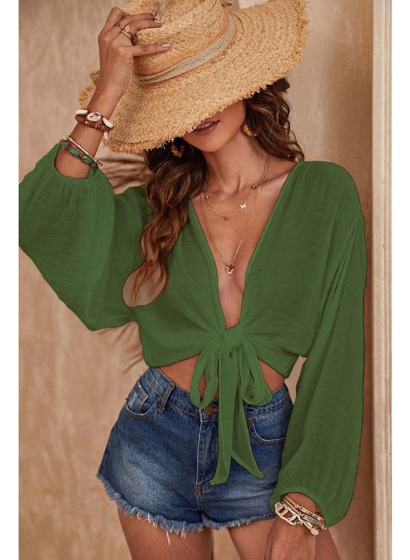 Angelsin Front Tie Casual Shirt Pareo Crop Blouse - Image 1