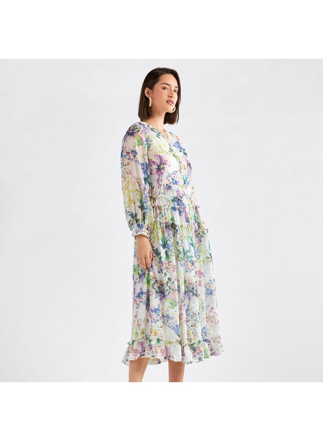 Splash FAV Floral Print Midi Shirt Dress with Long Sleeves - Image 1