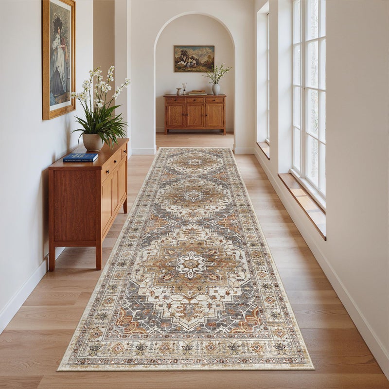 Madane Runner Rug 2'6''x8' Kitchen Runner, Hallway Runner Printed Vintage Washable Rugs Soft Non-Slip Low Pile 2.5x8 ft Runners for Hallways Laundry Room Rug Distressed Rug, Turmeric/Grey - Image 2