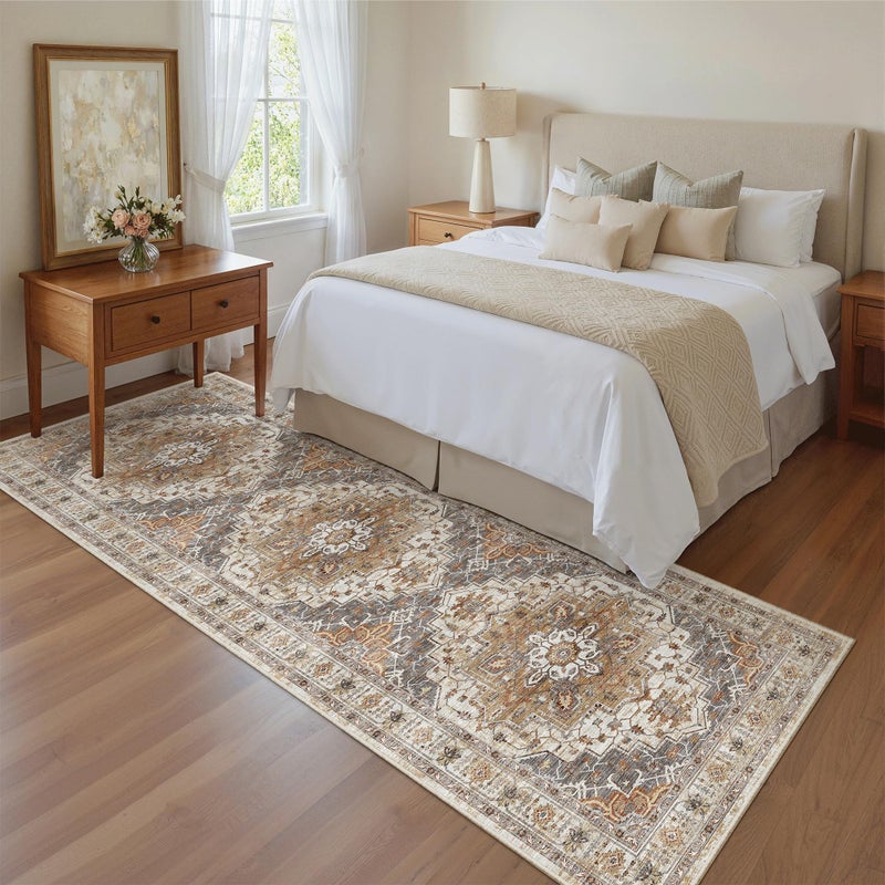 Madane Runner Rug 2'6''x8' Kitchen Runner, Hallway Runner Printed Vintage Washable Rugs Soft Non-Slip Low Pile 2.5x8 ft Runners for Hallways Laundry Room Rug Distressed Rug, Turmeric/Grey - Image 4