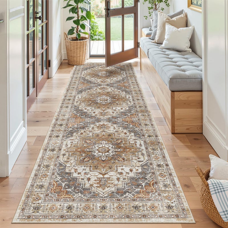 Madane Runner Rug 2'6''x8' Kitchen Runner, Hallway Runner Printed Vintage Washable Rugs Soft Non-Slip Low Pile 2.5x8 ft Runners for Hallways Laundry Room Rug Distressed Rug, Turmeric/Grey - Image 3