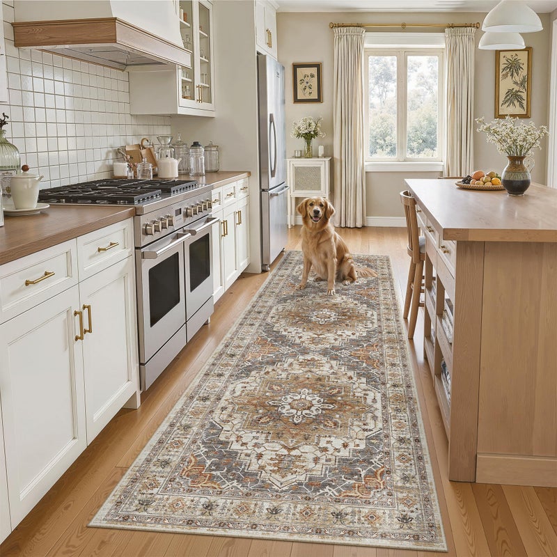 Madane Runner Rug 2'6''x8' Kitchen Runner, Hallway Runner Printed Vintage Washable Rugs Soft Non-Slip Low Pile 2.5x8 ft Runners for Hallways Laundry Room Rug Distressed Rug, Turmeric/Grey - Image 1