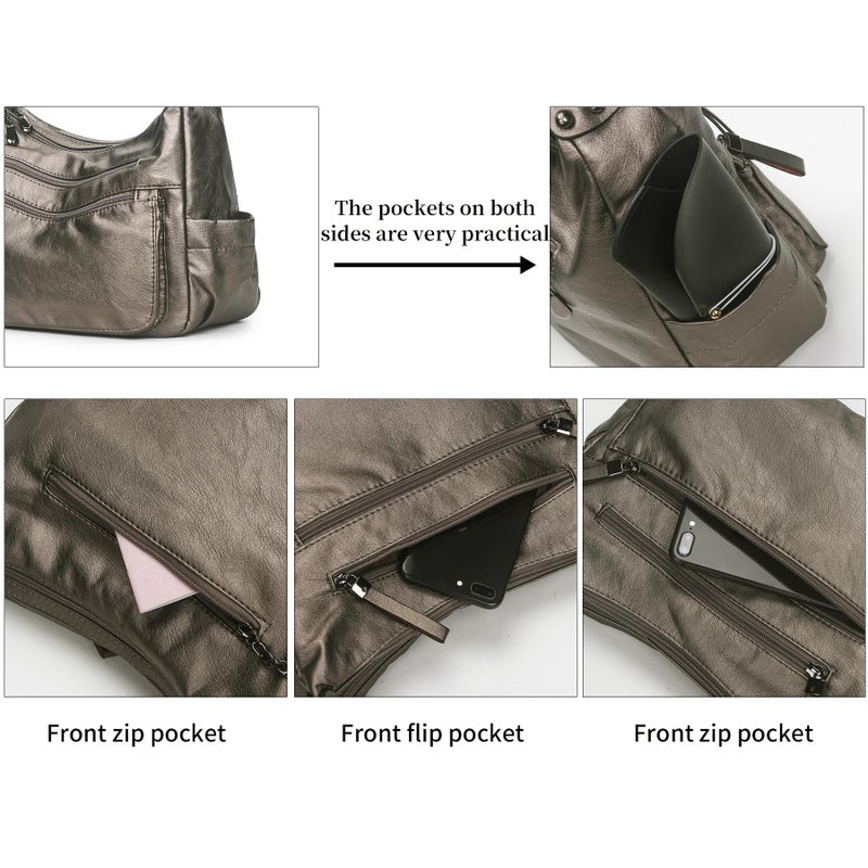 Artwell Women's Bronze Hobo Bag, Medium to Large (11.8* 5.9 * 9.8 inches), PU Leather, Crossbody, Shoulder & Top Handles, Zipper Closure, 6 Pockets, Anti-Theft Back Pocket - Image 3